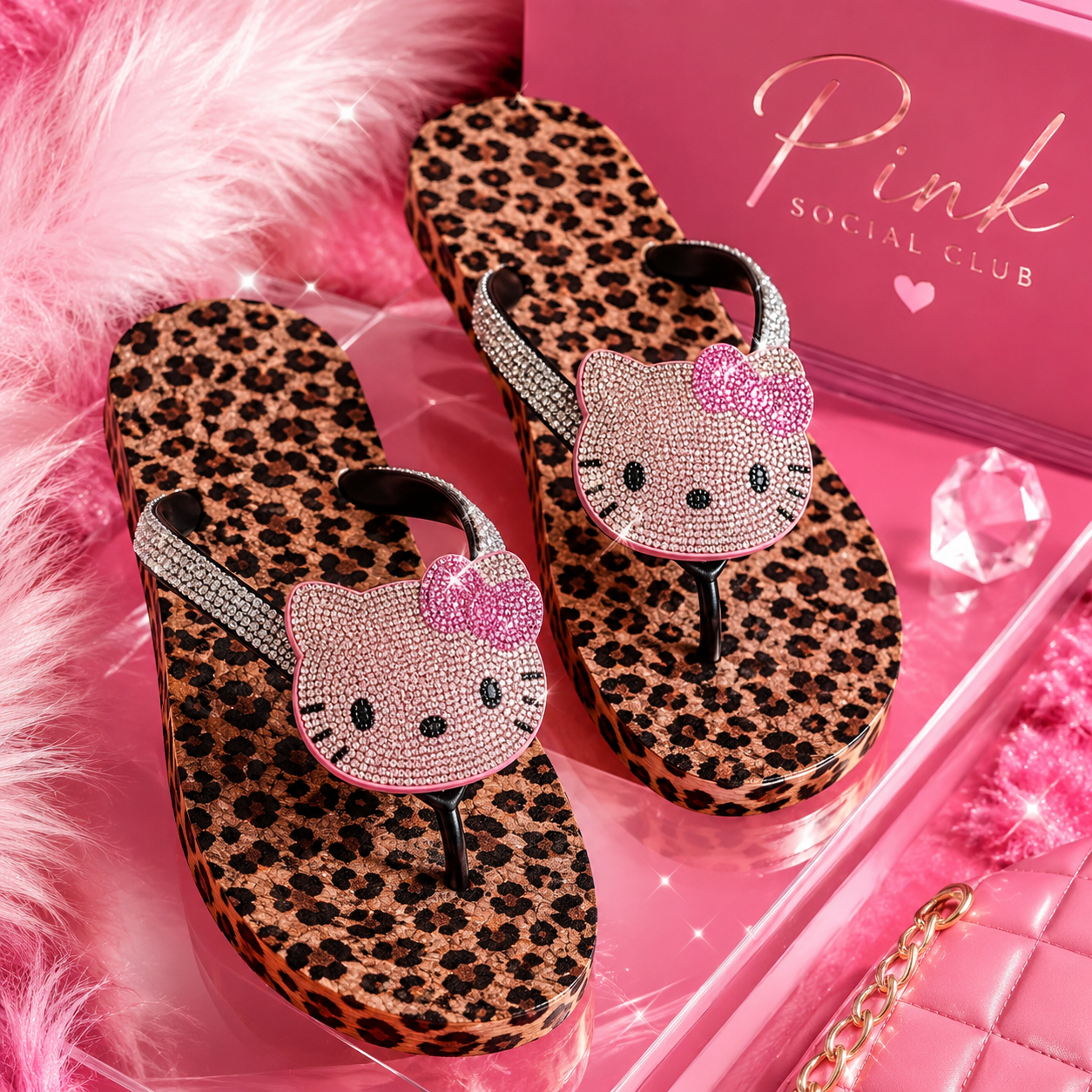 Rhinestone Kitty Leopard Flip Flops
